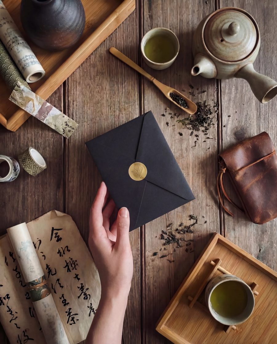 A dark envelope with a gold leaf seal, surrounded by tea cups, a teapot and loose tea leaves